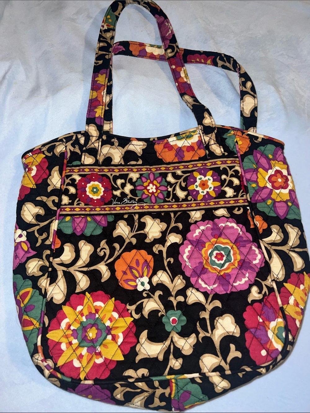Vera Bradley Black Floral Quilted Tote with Multicolor Blooms